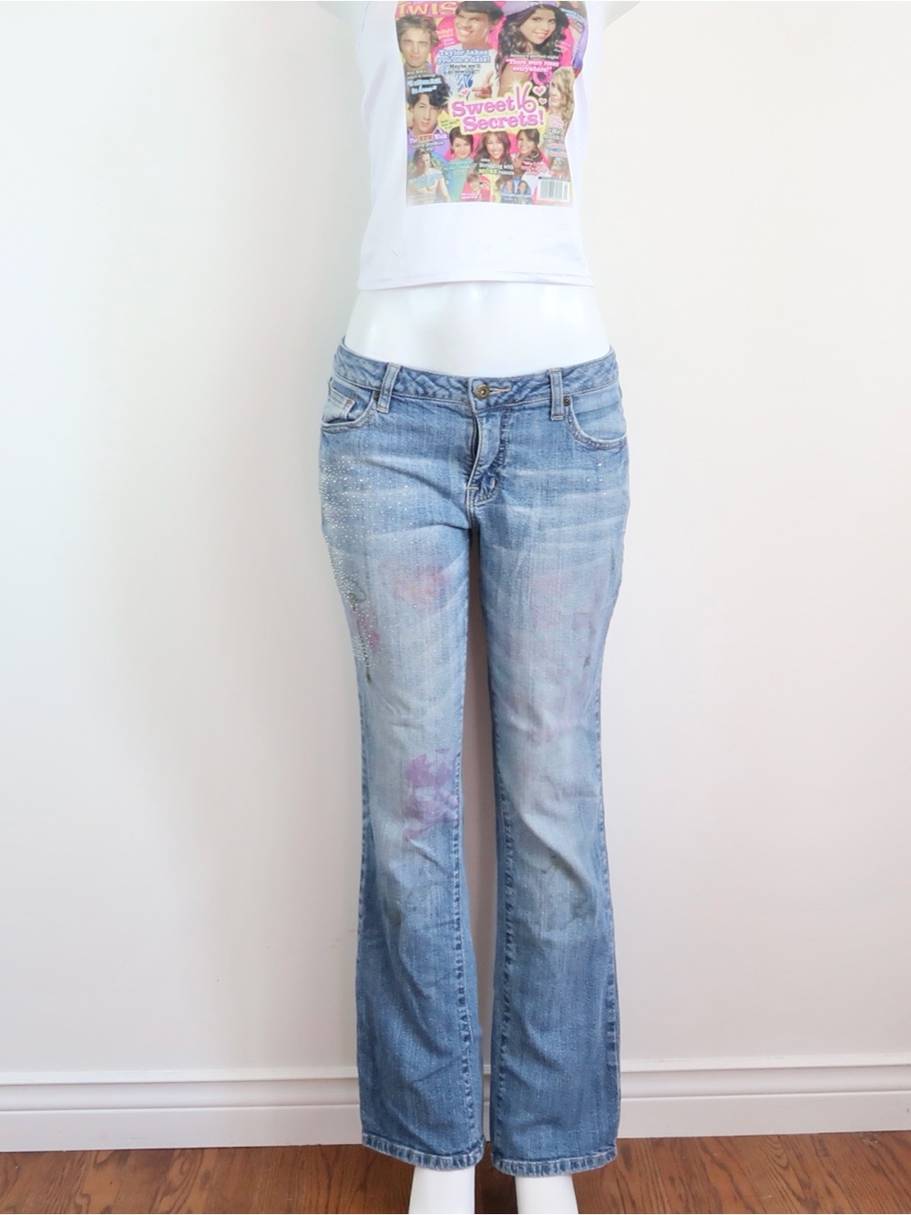 Y2k Light Blue Flared Jeans with Subtle Purple Accents